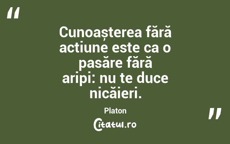 Cunoașterea fără acțiune este ca o pasăre fără aripi: nu te duce nicăieri. Platon

