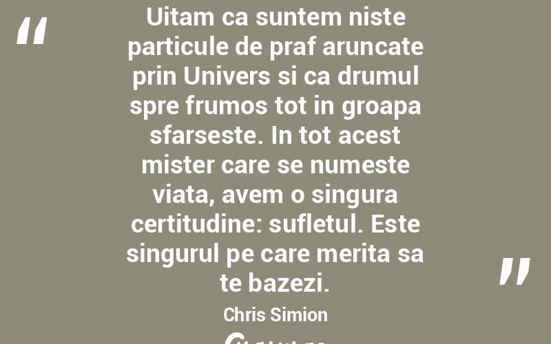Uitam ca suntem niste particule de praf aruncate prin Univers si ca drumul spre frumos tot in groapa sfarseste. In tot acest mister care se numeste viata, avem o singura certitudine: sufletul. Este singurul pe care merita sa te bazezi. Chris Simion