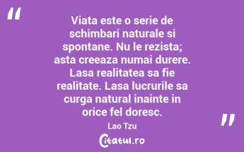 Viata este o serie de schimbari naturale si spontane. Nu le rezista; asta creeaza numai durere. Lasa realitatea sa fie realitate. Lasa lucrurile sa curga natural inainte in orice fel doresc. Lao Tzu...