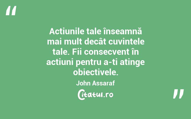 Acțiunile tale înseamnă mai mult decât cuvintele tale. Fii consecvent în acțiuni pentru a-ți atinge obiectivele. John Assaraf

