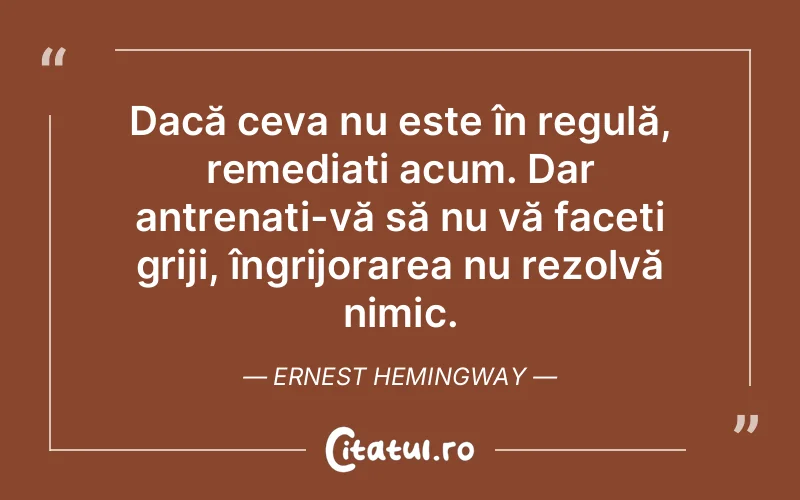 Dacă ceva nu este în regulă, remediați acum. Dar antrenați-vă să nu vă faceți griji, îngrijorarea nu rezolvă nimic. Ernest Hemingway