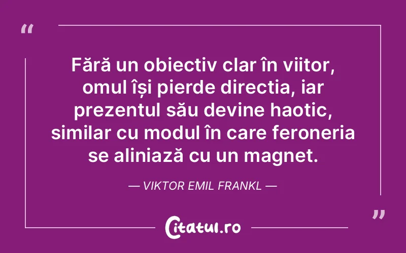 Fără un obiectiv clar în viitor, omul își pierde direcția, iar prezentul său devine haotic, similar cu modul în care feroneria se aliniază cu un magnet. Viktor Emil Frankl