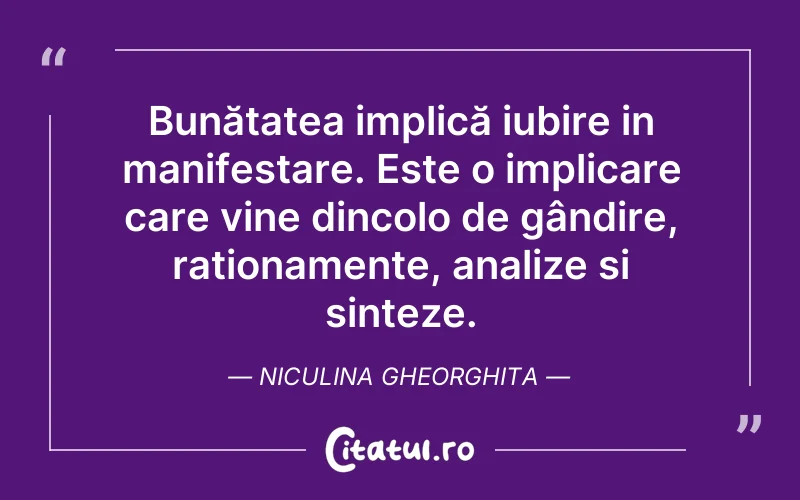 Bunătatea implică iubire in manifestare. Este o implicare care vine dincolo de gândire, rationamente, analize si sinteze. Niculina Gheorghita