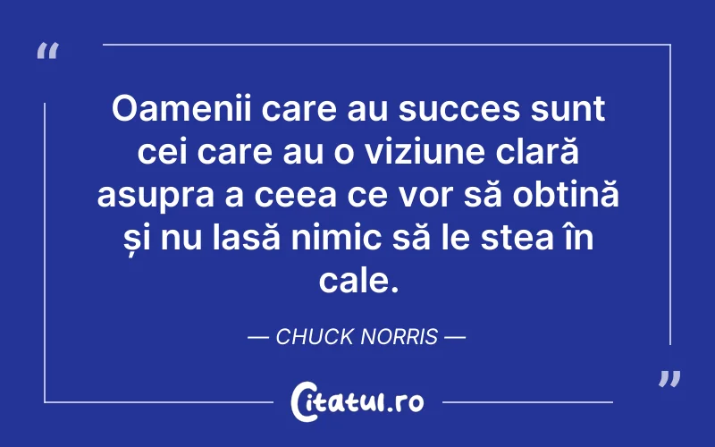 Oamenii care au succes sunt cei care au o viziune clară asupra a ceea ce vor să obțină și nu lasă nimic să le stea în cale. Chuck Norris