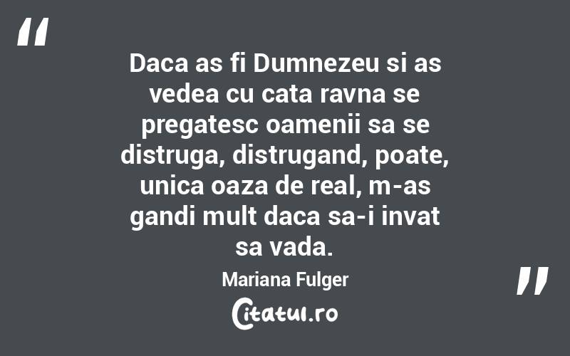 Daca as fi Dumnezeu si as vedea cu cata ravna se pregatesc oamenii sa se distruga, distrugand, poate, unica oaza de real, m-as gandi mult daca sa-i invat sa vada. Mariana Fulger

