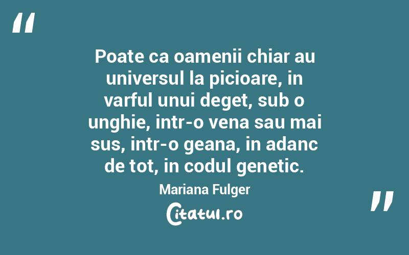 Poate ca oamenii chiar au universul la picioare, in varful unui deget, sub o unghie, intr-o vena sau mai sus, intr-o geana, in adanc de tot, in codul genetic. Mariana Fulger
