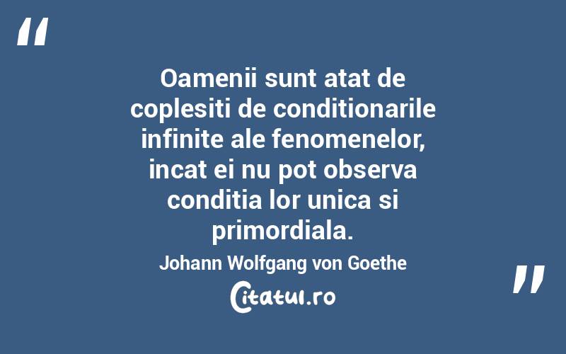 Oamenii sunt atat de coplesiti de conditionarile infinite ale fenomenelor, incat ei nu pot observa conditia lor unica si primordiala. Johann Wolfgang von Goethe
