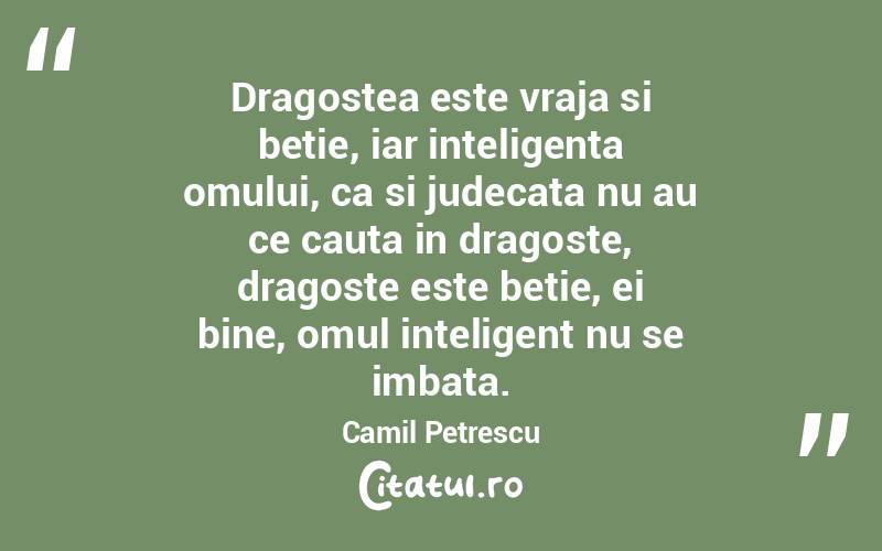 Dragostea este vraja si betie, iar inteligenta omului, ca si judecata nu au ce cauta in dragoste, dragoste este betie, ei bine, omul inteligent nu se imbata. Camil Petrescu
