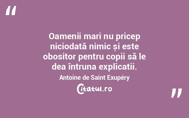 Oamenii mari nu pricep niciodată nimic și este obositor pentru copii să le dea întruna explicații. Antoine de Saint Exupéry
