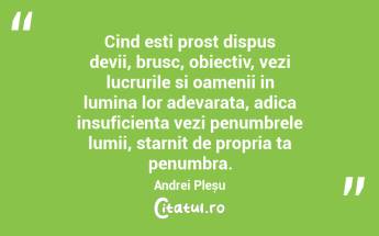 Cind esti prost dispus devii, brusc, obiectiv, vezi lucrurile si oamenii in lumina lor adevarata, adica insuficienta vezi penumbrele lumii, starnit de propria ta penumbra. Andrei Pleșu...