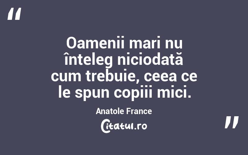 Oamenii mari nu înțeleg niciodată cum trebuie, ceea ce le spun copiii mici. Anatole France
