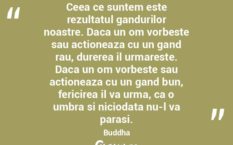 Ceea ce suntem este rezultatul gandurilor noastre. Daca un om vorbeste sau actioneaza cu un gand rau, durerea il urmareste. Daca un om vorbeste sau actioneaza cu un gand bun, fericirea il va urma, ca o umbra si niciodata nu-l va parasi. Buddha

