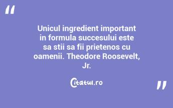 Unicul ingredient important in formula succesului este sa stii sa fii prietenos cu oamenii. Theodore Roosevelt, Jr....