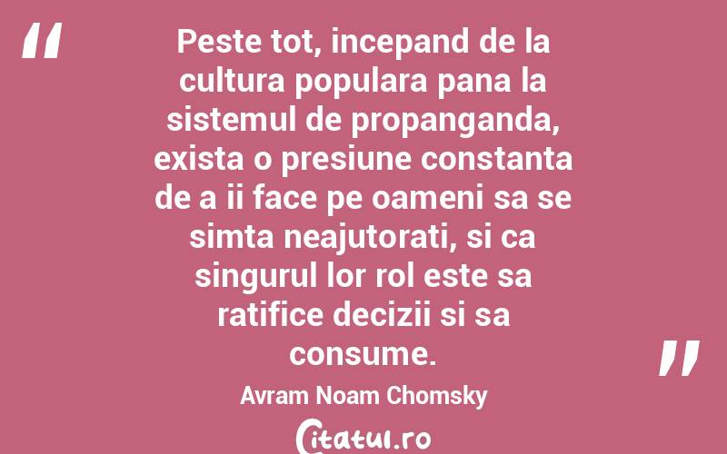  Peste tot, incepand de la cultura populara pana la sistemul de propanganda, exista o presiune constanta de a ii face pe oameni sa se simta neajutorati, si ca singurul lor rol este sa ratifice decizii si sa consume. Avram Noam Chomsky
