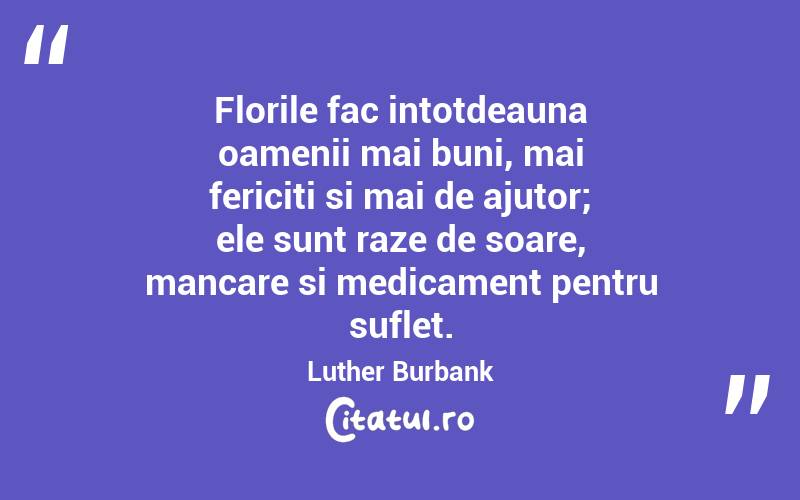 Florile fac intotdeauna oamenii mai buni, mai fericiti si mai de ajutor; ele sunt raze de soare, mancare si medicament pentru suflet. Luther Burbank
