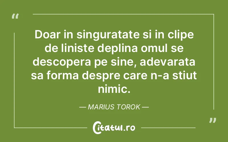 Doar in singuratate si in clipe de liniste deplina omul se descopera pe sine, adevarata sa forma despre care n-a stiut nimic. Marius Torok