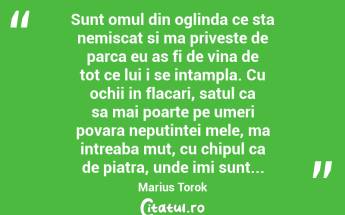  Sunt omul din oglinda ce sta nemiscat si ma priveste de parca eu as fi de vina de tot ce lui i se intampla. Cu ochii in flacari, satul ca sa mai poarte pe umeri povara neputintei mele, ma intreaba mut, cu chipul ca de piatra, unde imi sunt... Marius Torok...