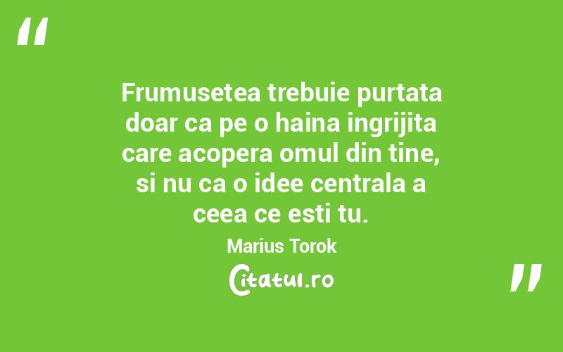 Frumusetea trebuie purtata doar ca pe o haina ingrijita care acopera omul din tine, si nu ca o idee centrala a ceea ce esti tu. Marius Torok
