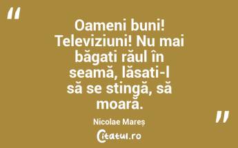 Oameni buni! Televiziuni! Nu mai băgați răul în seamă, lăsați-l să se stingă, să moară. Nicolae Mareș...