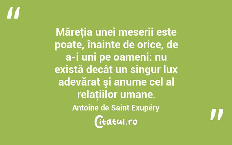  Măreţia unei meserii este poate, înainte de orice, de a-i uni pe oameni: nu există decât un singur lux adevărat şi anume cel al relaţiilor umane. Antoine de Saint Exupéry
