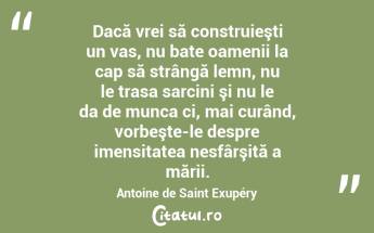 Dacă vrei să construieşti un vas, nu bate oamenii la cap să strângă lemn, nu le trasa sarcini şi nu le da de munca ci, mai curând, vorbeşte-le despre imensitatea nesfârşită a mării. Antoine de Saint Exupéry...