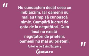  Nu cunoaştem decât ceea ce îmblânzim. Iar oamenii nu mai au timp să cunoască nimic. Cumpără lucruri de gata de la neguţători. Cum însă nu există neguţători de prieteni, oamenii nu mai au prieteni. Antoine de Saint Exupéry...