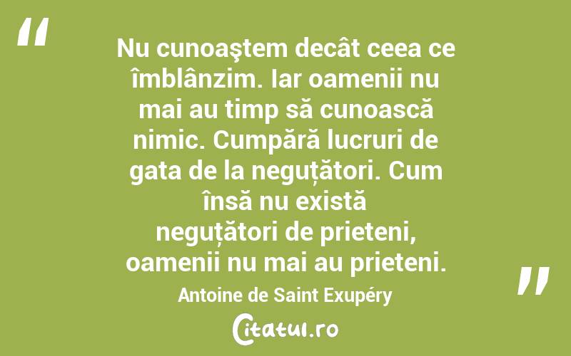  Nu cunoaştem decât ceea ce îmblânzim. Iar oamenii nu mai au timp să cunoască nimic. Cumpără lucruri de gata de la neguţători. Cum însă nu există neguţători de prieteni, oamenii nu mai au prieteni. Antoine de Saint Exupéry
