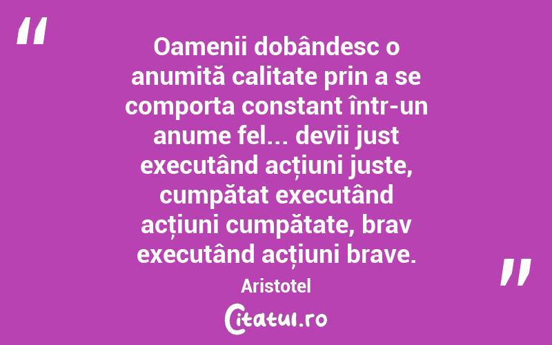 Oamenii dobândesc o anumită calitate prin a se comporta constant într-un anume fel... devii just executând acţiuni juste, cumpătat executând acţiuni cumpătate, brav executând acţiuni brave. Aristotel