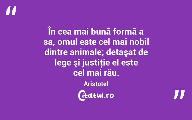 În cea mai bună formă a sa, omul este cel mai nobil dintre animale; detaşat de lege şi justiţie el este cel mai rău. Aristotel