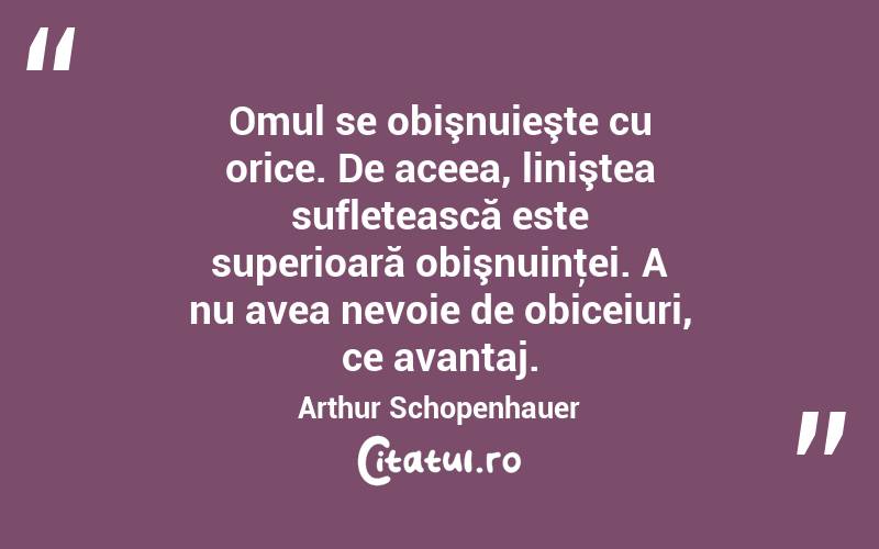 Omul se obişnuieşte cu orice. De aceea, liniştea sufletească este superioară obişnuinţei. A nu avea nevoie de obiceiuri, ce avantaj. Arthur Schopenhauer
