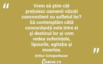 Vrem să ştim cât preţuiesc oamenii văzuţi concomitent cu sufletul lor? Să contemplăm câtă concordanţă este între ei şi destinul lor şi vom vedea suferinţele, lipsurile, agitaţia şi moartea. Arthur Schopenhauer...
