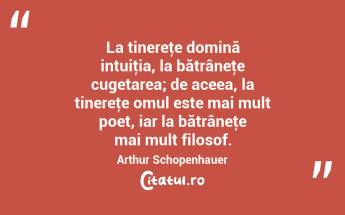 La tinereţe domină intuiţia, la bătrâneţe cugetarea; de aceea, la tinereţe omul este mai mult poet, iar la bătrâneţe mai mult filosof. Arthur Schopenhauer...