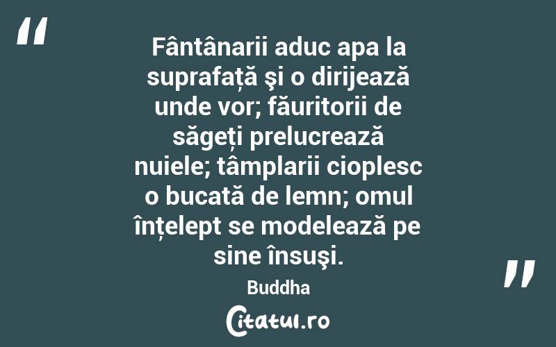 Fântânarii aduc apa la suprafaţă şi o dirijează unde vor; făuritorii de săgeţi prelucrează nuiele; tâmplarii cioplesc o bucată de lemn; omul înţelept se modelează pe sine însuşi. Buddha