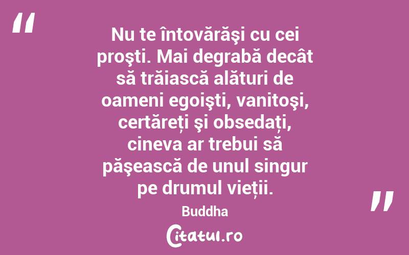 Nu te întovărăşi cu cei proşti. Mai degrabă decât să trăiască alături de oameni egoişti, vanitoşi, certăreţi şi obsedaţi, cineva ar trebui să păşească de unul singur pe drumul vieţii. Buddha
