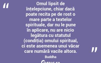  Omul lipsit de înţelepciune, chiar dacă poate recita pe de rost o mare parte a textelor spirituale, dar nu le pune în aplicare, nu are nicio legătura cu statutul (condiţia) omului spiritual, ci este asemenea unui văcar care numără vacile altora. Buddha...