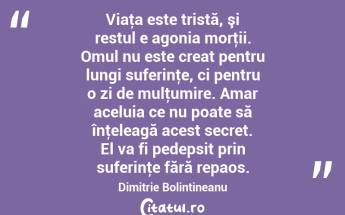  Viaţa este tristă, şi restul e agonia morţii. Omul nu este creat pentru lungi suferinţe, ci pentru o zi de mulţumire. Amar aceluia ce nu poate să înţeleagă acest secret. El va fi pedepsit prin suferinţe fără repaos. Dimitrie Bolintineanu...