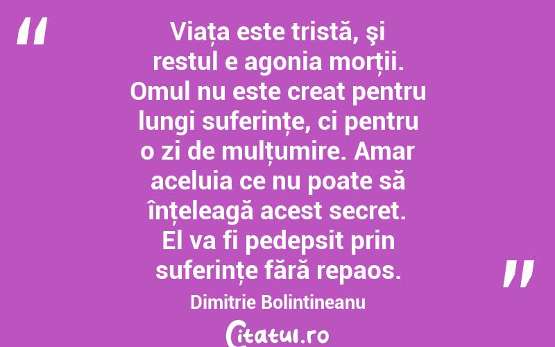  Viaţa este tristă, şi restul e agonia morţii. Omul nu este creat pentru lungi suferinţe, ci pentru o zi de mulţumire. Amar aceluia ce nu poate să înţeleagă acest secret. El va fi pedepsit prin suferinţe fără repaos. Dimitrie Bolintineanu