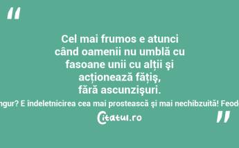 Cel mai frumos e atunci când oamenii nu umblă cu fasoane unii cu alţii şi acţionează făţiş, fără ascunzişuri. Şi la ce bun să te minţi singur? E îndeletnicirea cea mai prostească şi mai nechibzuită! Feodor Mihailovici Dostoievski...