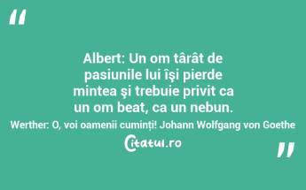 Albert: Un om târât de pasiunile lui îşi pierde mintea şi trebuie privit ca un om beat, ca un nebun. Werther: O, voi oamenii cuminţi! Johann Wolfgang von Goethe...