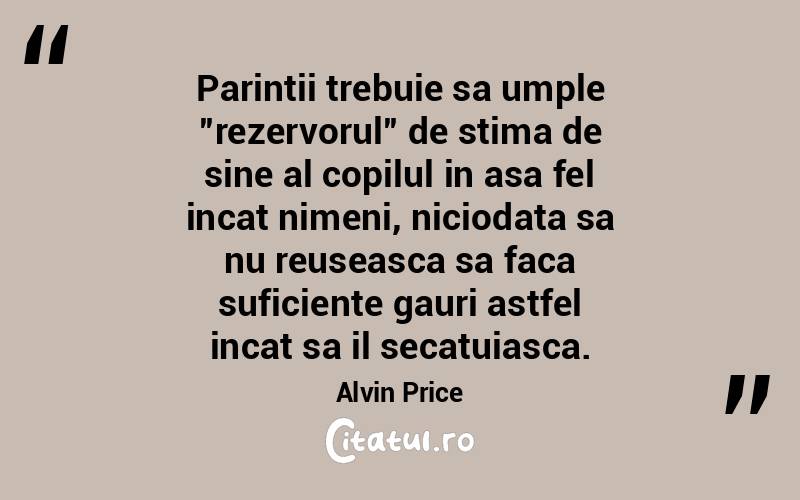 Parintii trebuie sa umple ”rezervorul” de stima de sine al copilul in asa fel incat nimeni, niciodata sa nu reuseasca sa faca suficiente gauri astfel incat sa il secatuiasca. Alvin Price

