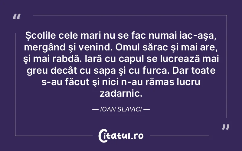Şcolile cele mari nu se fac numai iac-aşa, mergând şi venind. Omul sărac şi mai are, şi mai rabdă. Iară cu capul se lucrează mai greu decât cu sapa şi cu furca. Dar toate s-au făcut şi nici n-au rămas lucru zadarnic. Ioan Slavici