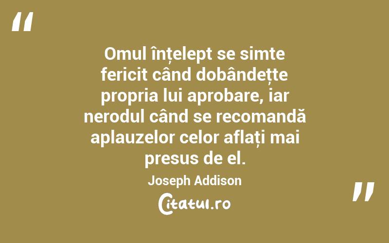 Omul înţelept se simte fericit când dobândeţte propria lui aprobare, iar nerodul când se recomandă aplauzelor celor aflaţi mai presus de el. Joseph Addison
