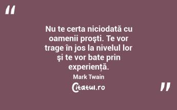 Nu te certa niciodată cu oamenii proşti. Te vor trage în jos la nivelul lor şi te vor bate prin experienţă. Mark Twain...