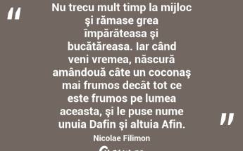 Nu trecu mult timp la mijloc şi rămase grea împărăteasa şi bucătăreasa. Iar când veni vremea, născură amândouă câte un coconaş mai frumos decât tot ce este frumos pe lumea aceasta, şi le puse nume unuia Dafin şi altuia Afin. Nicolae Filimon...