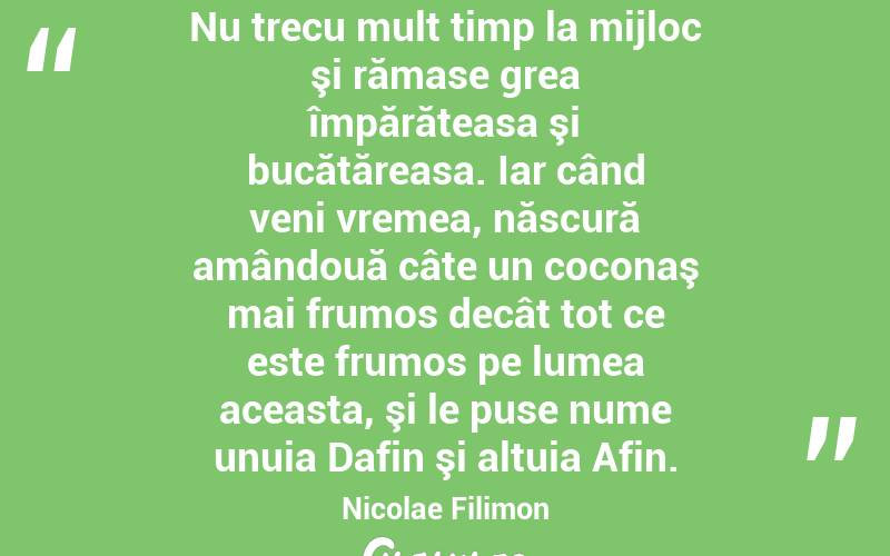 Nu trecu mult timp la mijloc şi rămase grea împărăteasa şi bucătăreasa. Iar când veni vremea, născură amândouă câte un coconaş mai frumos decât tot ce este frumos pe lumea aceasta, şi le puse nume unuia Dafin şi altuia Afin. Nicolae Filimon
