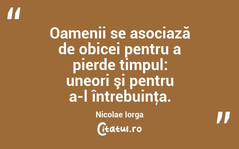 Oamenii se asociază de obicei pentru a pierde timpul: uneori şi pentru a-l întrebuinţa. Nicolae Iorga
