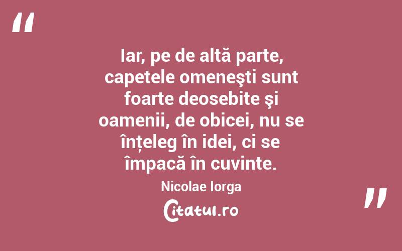 Iar, pe de altă parte, capetele omeneşti sunt foarte deosebite şi oamenii, de obicei, nu se înţeleg în idei, ci se împacă în cuvinte. Nicolae Iorga