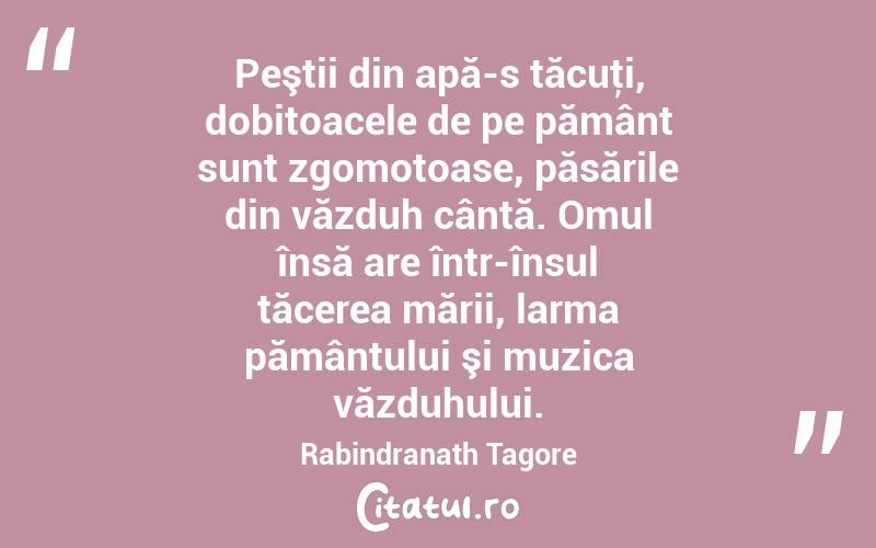 Peştii din apă-s tăcuţi, dobitoacele de pe pământ sunt zgomotoase, păsările din văzduh cântă. Omul însă are într-însul tăcerea mării, larma pământului şi muzica văzduhului. Rabindranath Tagore