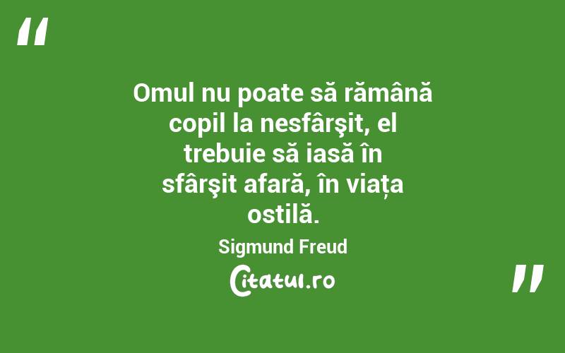  Omul nu poate să rămână copil la nesfârşit, el trebuie să iasă în sfârşit afară, în viaţa ostilă. Sigmund Freud
