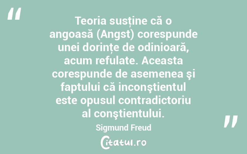 Teoria susţine că o angoasă (Angst) corespunde unei dorinţe de odinioară, acum refulate. Aceasta corespunde de asemenea şi faptului că inconştientul este opusul contradictoriu al conştientului. Sigmund Freud
